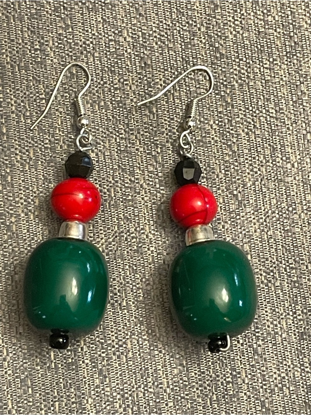 Handmade Green and Red Beaded Drop Earrings